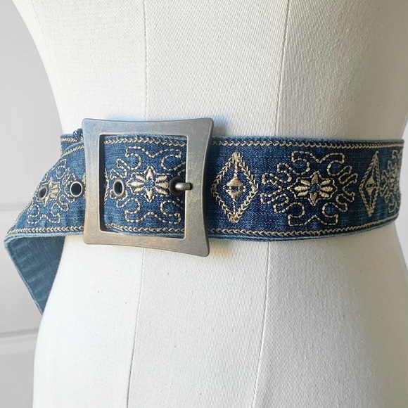 Vintage Retro Gold Embroidered Denim Blue Boho Fashion Belt - Picture 6 of 6